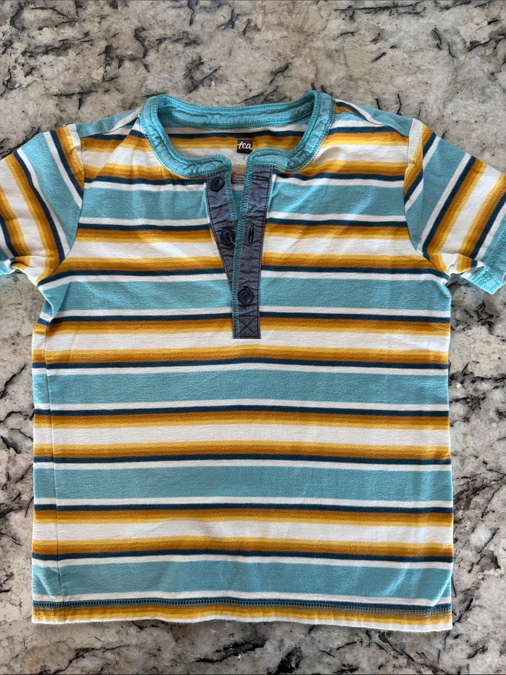 Tea Collection Striped Henley Tee - Aqua, Yellow & Navy